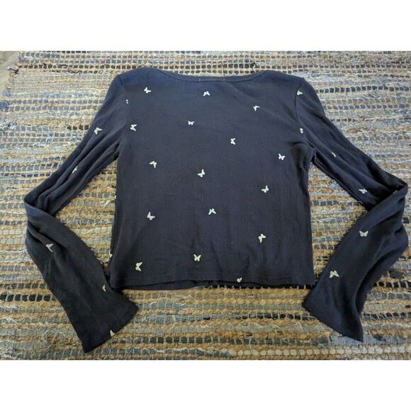Navy Butterflies M Cyber Grunge L/S Scoop Neck Thin Knit Front Button Crop Sweat - Picture 6 of 6
